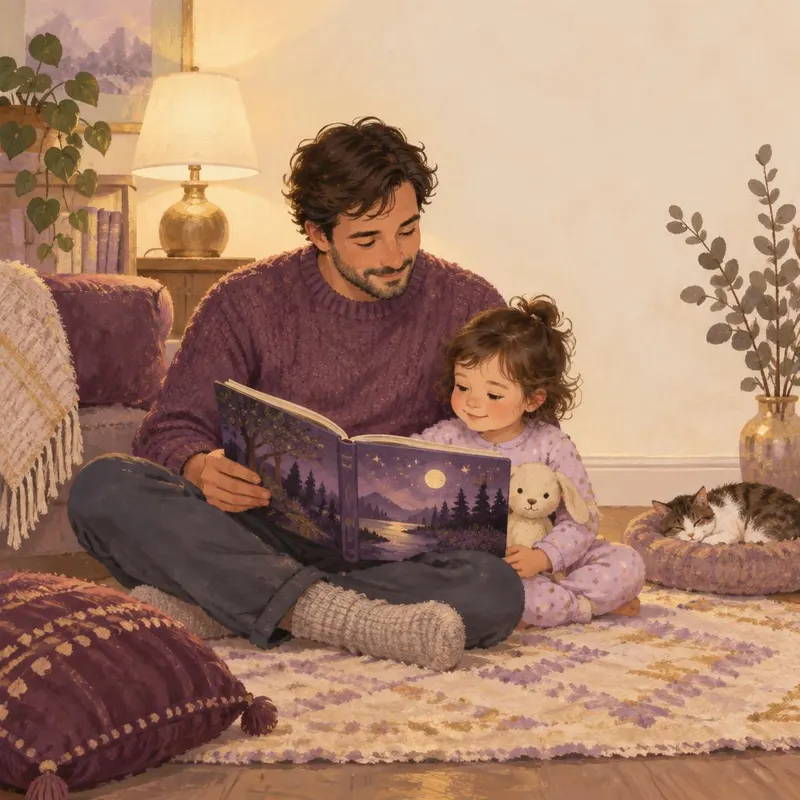 Pai lendo um livro de histórias para uma criança pequena sentada ao seu lado no tapete