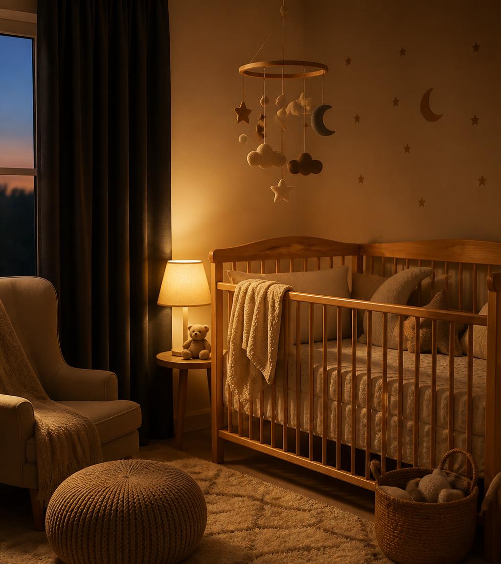 Quarto de bebê aconchegante com berço de madeira, luz quente e móbile de luas e estrelas